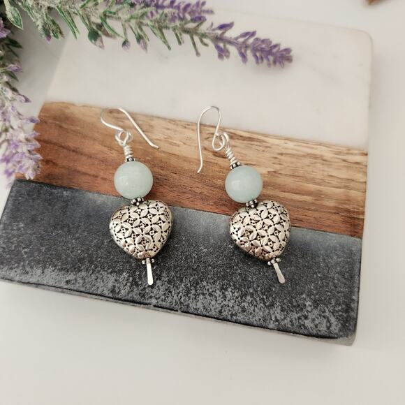 Amazonite Stone Silver Heart Dangle Earrings - Picture 5 of 8